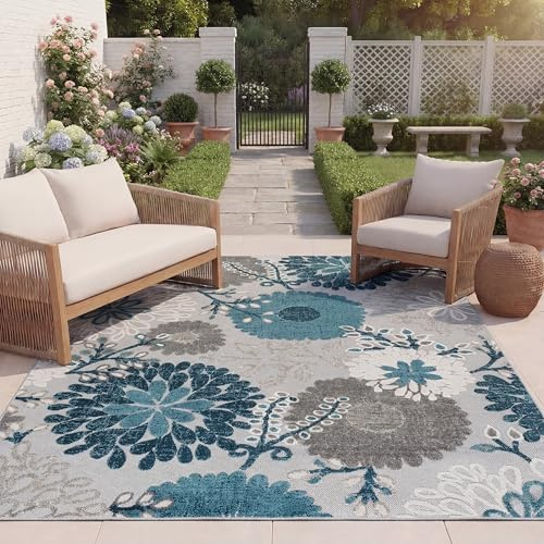 SAFAVIEH Washable Rug Outdoor Cabana Collection - 8' x 10', Grey & Blue, Non-Shedding & Easy to Clean, Ideal for Patio, Backyard, Mudroom (CBN832F)