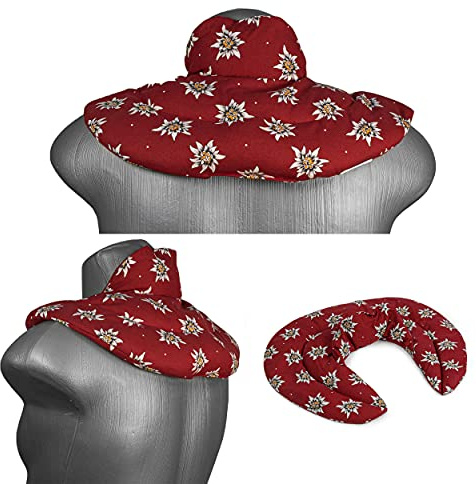 Coussin de nuque avec col montant - Coussin aux graines de groseilles - Confortable coussin thermique aux graines pour la nuque - Design: fleur d'edelweiss bordeaux