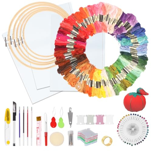 Glarks Kit d'aiguilles à broder 210 pièces 100 fils de couleurs Gamme complète de broderie avec stylo à broder magique, aiguilles et outils de point de croix pour débutants