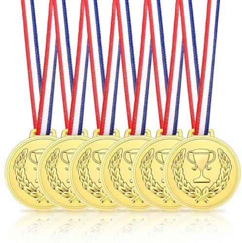 VIVIIHOO Medallas de Cumpleaños Infantiles - Juego de 6, Medallas de Plástico Dorado con Cintas para Regalos, Día Deportivo, Competencias y Trofeos Grabados para Niños