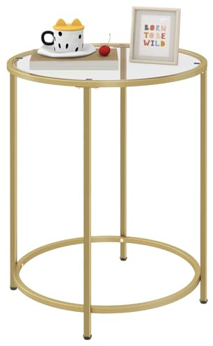 Livofloral Round Side Table, Modern Style Coffee Table, Sofa Table, Table with Metal Shelves and Glass Top, End Table for Living Room, Bedroom, Balcony, Patio, (H) 25.59 inch× (D) 19.69 inch, Gold