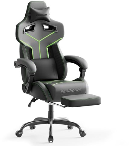 Ferghana Gaming Stuhl Ergonomisch,Racing Gamer Sessel,Gepolstert Gaming Chair,Bürostuhl Computerstuhl mit Fußstütze,Verstellbare Lendenkissen,Kopfkissen,Gamer Stuhl für Erwachsene Jugend,Grau F07