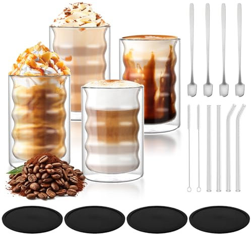 Taimimy Latte Macchiato Gläser Doppelwandig 350ml 4er Set mit 4 Löffeln, Doppelwandige Kaffeegläser Cappuccino Tassen, Espressotassen Thermogläser Teegläser aus Borosilikatglas(4x350ml+4 Löffel)