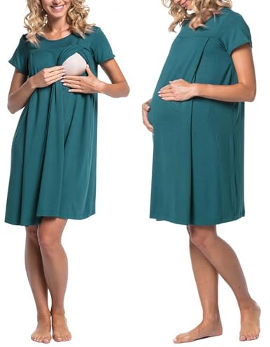 Chemise Nuit Allaitement Maternité Coton Robe de Nuit Femme Enceinte Col en V Manches Courtes Devant Ouvert Chemise de Nuit Femme Grossesse 3 en 1 Peignoir d'hôpital Accouchement Allaitement Maternel
