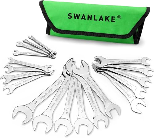 SWANLAKE 19Pcs Super-Thin Open End Spanner Set with Rolling Pouch, Carbon Steel SAE & Metric, 1/4 to 1-1/16 and 5.5mm to 27mm Slim Spanner Set (19pcs Metric & SAE)