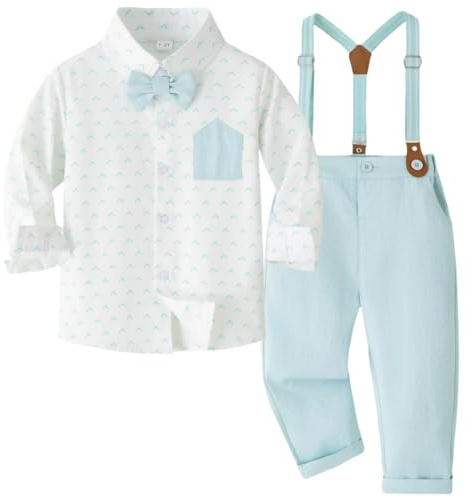 Yaopelky Completo formale per bambino e ragazzo, vestito da gentiluomo, a maniche lunghe, con papillon, bretelle, pantaloni, abito da sposa per ragazzi, Azzurro, 1-2 Anni
