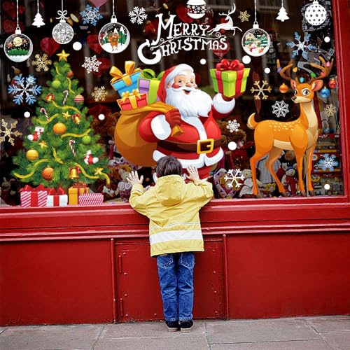 TOMEEK Stickers Noel Fenetre 4 Feuilles Incluant Arbre de Noël, Père Noël, Élan Réutilisables Autocollant Décorations de Fenêtres à Double Face avec Flocons de Neige pour Décor de Vitres(Rouge)