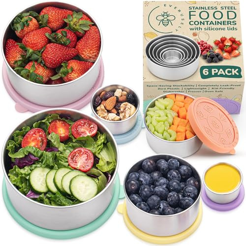 Everusely - Contenitori in acciaio inossidabile con coperchi - Set di 6, Collezione Bright - Contenitori per alimenti in acciaio inossidabile a tenuta stagna - Contenitori per snack impilabili