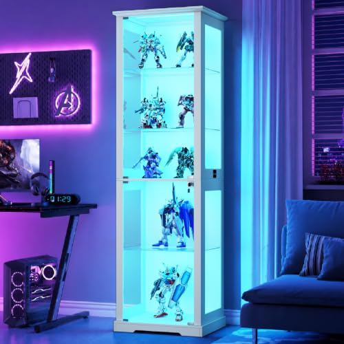 40×50×180cm 5-Lagen Glasvitrine mit LED Beleuchtung und Glastüren,Weiß
