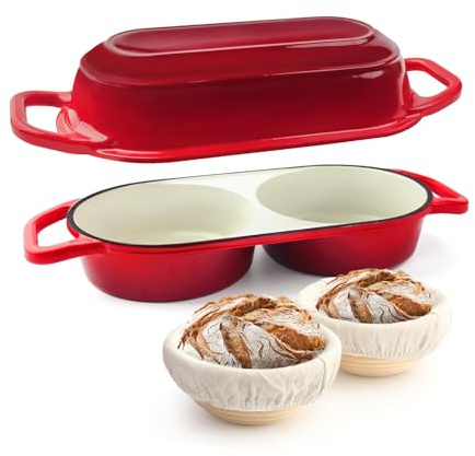 YONILL Mini Double Dutch Oven for Sourdough Bread Baking - Enameled Cast Iron Dutch Oven Pot with Lid and 5 Banneton Bread Proofing Basket Kit, Dual Round Bread Loaf Pan for Homemade Baking (Red)
