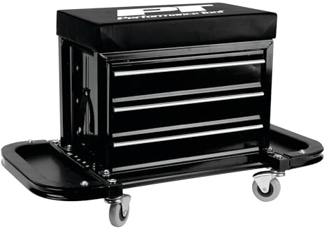 Performance Tool W85025 3-Drawer Rolling Tool Chest Seat With Magnetic Side Trays, Black