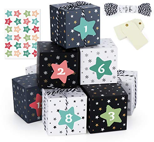 Anstore Adventskalender zum Befüllen, 24 Adventskalender Boxen, Adventskalender Selber Befüllen, mit 24 Zahlenaufklebern für einen DIY Adventskalender zum Basteln und Befüllen