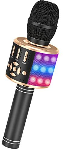 Ankuka Kabelloses Karaoke-Mikrofon, Mikrofon, Bluetooth, Karaoke-Maschine, Home KTV Player, Geschenk für Kinder, Android/iOS, mit Aufnahmefunktion, tanzenden Lichtern, magischen Sounds, Gold/schwarz