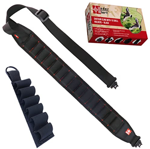 Shotgun Sling 12 Gauge with 15 Shell Holders, Adjustable Gun Sling with Thumb Loop and Metal Swivels, Comfortable 12ga Padded Shotgun Strap for Turkey & Waterfowl Hunting, (Black)