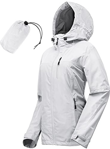 33,000ft Women's Lightweight Waterproof Jacket Packable Hooded Rain Jacket Breathable Windbreaker Softshell Raincoat for Outdoor Running Walking Hiking (Light Gray-XL/UK 16-18)