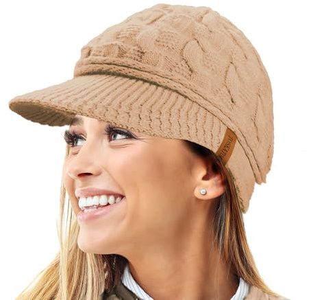 Gorro de Invierno con Forro Polar con Forro Polar de Peluche R80 cálido de Punto de Cable con Pico para Mujer