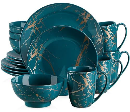 LOVECASA, Série Daphne, 16pcs Service de Table Complet Moderne en Porcelaine pour 4 Personnes 4 Assiette À Dessert,4 Assiette À Dîner,4 Tasse,4 Bol à Motif Plaqué Or