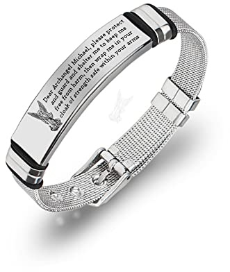 The Warrior Archangel St. Michael Protection Bracelet, Stainless Steel Catholic Christ Godness Saint Michael Prayers Mesh Wrist Band,Religious Christian Bangle for Men Women, Silver