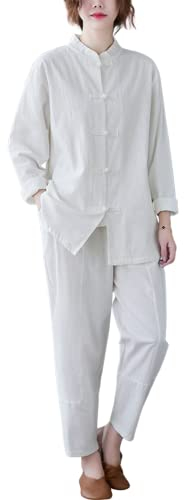 Moonetto Uniformes chinos tradicionales de Tai Chi para mujer, ropa de Kung Fu, traje de artes marciales, traje de algodón Wing Chun Tang, Blanco, Large