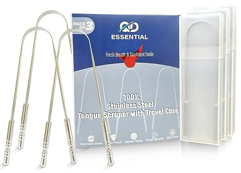 QD Essential Metal Tongue Scraper for Adults with Travel Cases - 3 Pack, Tongue Cleaner for Adults with Travel Cases, 100% Stainless Steel Tongue Scraper for Bad Breath, Daily Hygiene, Oral Care