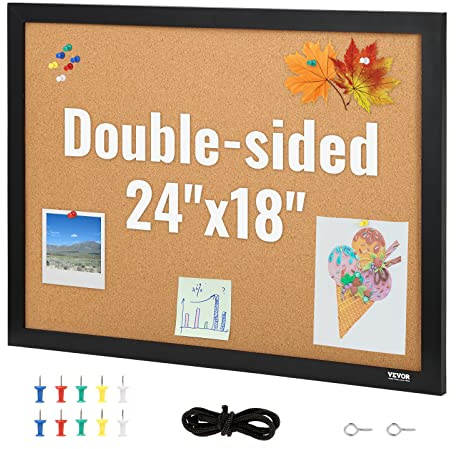 VEVOR Korktavla 46 x 61 cm dubbelsidig anslagstavla med hög densitet självreparerande anslagstavla med MDF-ram 10 häftstift för att fästa memo anteckningar foton kontor hem
