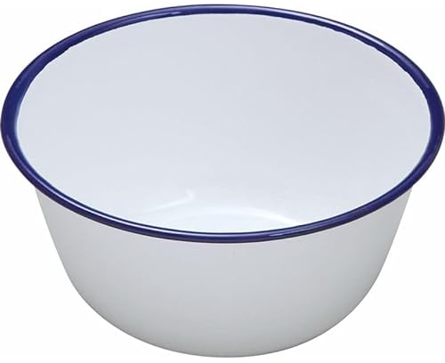 Premium Quality Traditional Enamel White Blue Trim Rice Plate, Pasta Plate, Bowl, Dinner Plate, Round Pie Plate, Soup Plate, Mixing Bowl, Deep Dish Tableware Crockery (Pudding Basin 12cm)