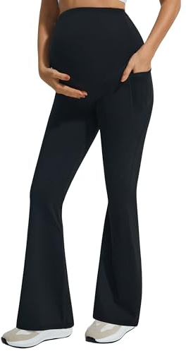 JOYSPELS Smooth Feeling Flare Maternity Leggings Over The Belly with Pockets Soft Bootcut Pregnancy Yoga Pants, Black, M