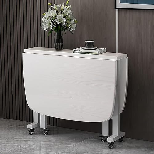 ZHUKER Folding Dining Table, Extendable Kitchen Desk with Locking Wheels, Wooden Drop Leaf Table, Flip-Top Dinner Tables for Small Spaces, Round Edge Design (White, 120x80cm)