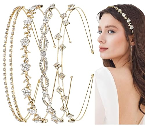 WOVOWOVO 4 Pcs Rhinestone Headbands for Women Gold Bridal Headband Crystal Flower Girl Headpiece Flower Leaf Tiara Crown Head Band Wedding Hair Accessories for Girls