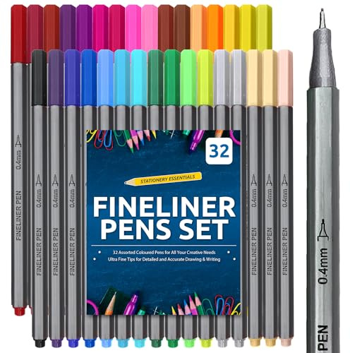 SOL 32pk Fineliner Pens Coloured, 0.4mm Line Assorted Vibrant & Skin Tones Colours Precision Lines for Writing, Drawing, Journaling and Illustrations, Fine Tip Quick-Drying Smudge-Free Ink
