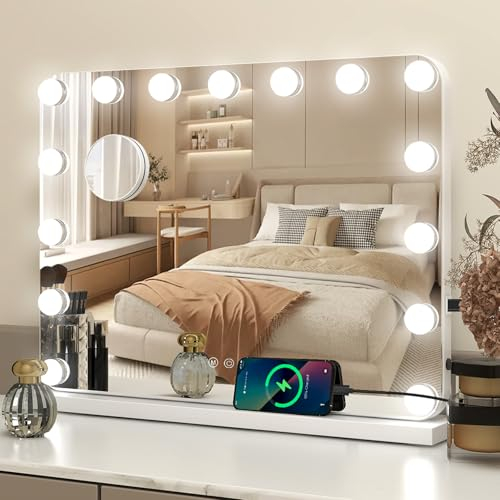 YU YUSING Hollywood Espejo Maquillaje con Luz 15 LED, 58x45 cm, 3 Modos Iluminación Regulables, Espejo Tocador, Controles Táctiles, USB, 10x, Espejos de Mesa Tocador Dormitorio, Esquinas Redondas