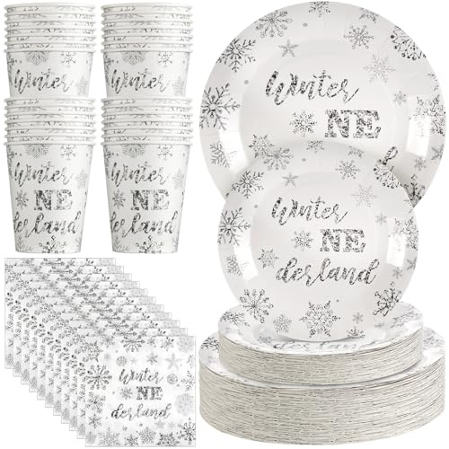 Hushee 200 Pcs Winter Onederland Party Supplies Set Winter Onederland Party Plates Snowflake 1st Birthday Decoration Disposable Tableware for Wedding Birthday Party (Silver)