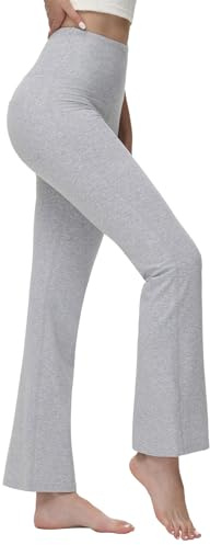BALEAF Yogabyxor, dam, hög midja, slagbyxor, magkontroll, fritidsbyxor, bomull, sportbyxor, långa, yogabyxor, med fickor, normal/stora, Ljusgrå (innersula: 76 cm), L