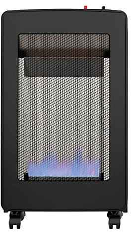 Stufa a gas da interno, fiamma blu, design compatto, colore nero, ideale per riscaldare spazi e uso domestico.