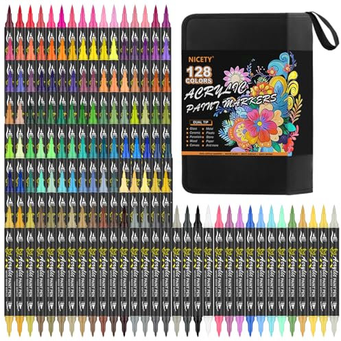 NICETY 128 rotuladores de pintura acrílica de fieltro, marcadores de pintura acrílica para madera, lienzo, vidrio, cerámica, marcador de pintura a base de agua con punta fina doble de 0,5~5 mm y