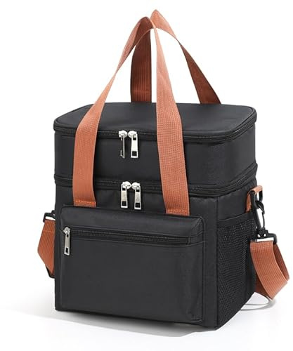 HFLZBRO Borsa Termica Grande per Pranzo, Borsa Pranzo Lavoro, con Doppio Scomparto Impermeabile e Tracolla Regolabile - Ideale per Ufficio, Picnic, Viaggi e Spiaggia (BLACK, LARGE)