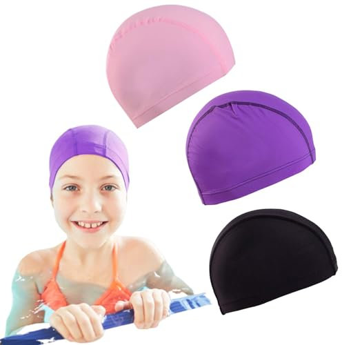 3 Stück Badekappe Kinder and Erwachsene, Badekappe Mädchen and Junge, Badekappe Mädchen Lange Haare, Bequem, Langlebig & Hochelastisch (Schwarz, Lila, Rosa)