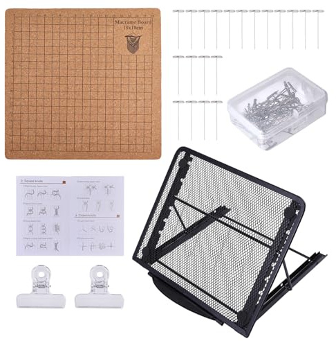 FREEBLOSS Set di tavole macramè da 20 x 20 cm, con clip e supporto in metallo regolabile, lavagna in legno per intrecciare macramè, forniture per adulti principianti