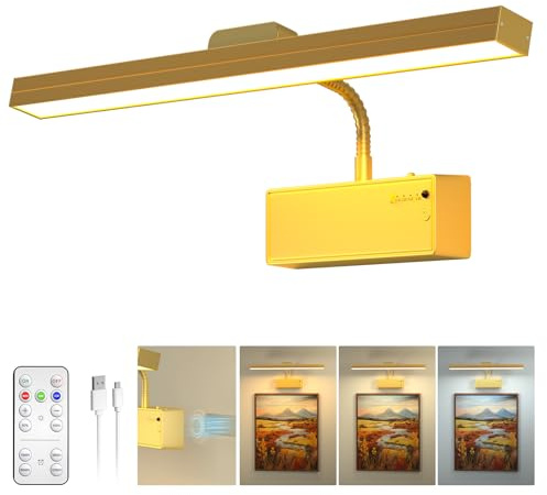 Lamparas Pared Sin Cable Luz Para Cuadros De Pared Sin Cable 3000mAh Recargable con Mando a Distancia y Temporizador, Luz LED Magnética Dimmable para Marco de Galería y Tablero de Dardos (Oro)