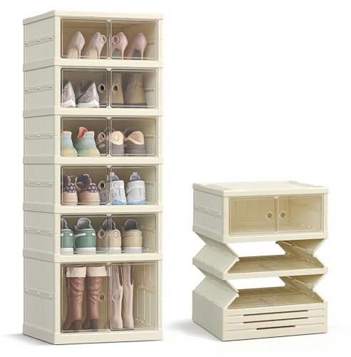 SONGMICS Scarpiera, Scaffale per Scarpe Slim, Organizer per Scarpe Pieghevole, Anta Trasparente, per 12 Paia, Stivali Sneaker, Ingresso Soggiorno, 6 Ripiani, Bianco Crema LSP912WD01