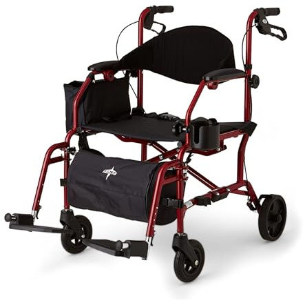 Medline Red Combination Rollator and Transport Chair, Desk-Length Arms, Swing Away Footrests, Red Frame
