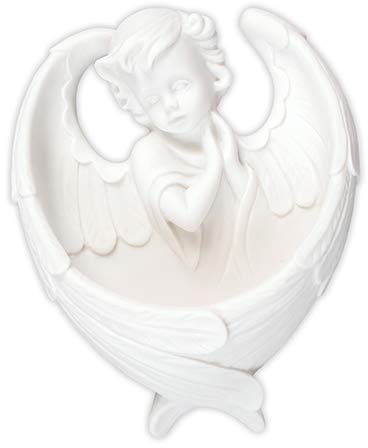 Fuente para agua bendita de ángel de la guarda con alas, color blanco, con estampita de la oración de Lourdes (3081)