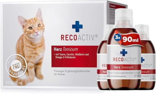 RECOACTIV Herz Tonicum für Katzen, 3 x 90 ml, Ergänzungsfuttermittel bei Herzfunktionsstörungen sowie zur Prophylaxe, mit Taurin, L-Carnitin, Omega-3-Fettsäuren und Weißdorn