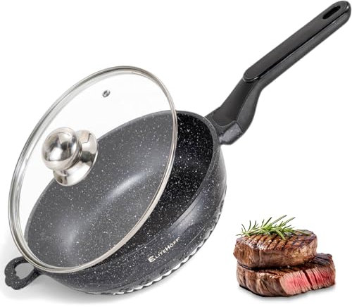 EliteHoff Antihaft Pfanne mit Deckel, Bratpfanne mit Antihaftbeschichtung, Induktionspfanne, Aluminium Bratpfanne mit Marmorbeschichtung für alle Herdarten (Schwarz, 24 cm)