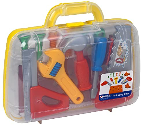 PETERKIN | Classic Children's Tool Set in Carry Case | 14 piece, brightly coloured, plastic tool set in a sturdy 30cm carry case | RolePlay Toys | Ages 3+, Yellow