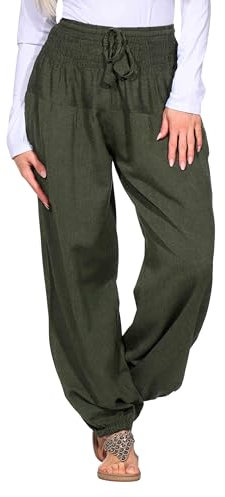 Kunst und Magie Damen Pluderhose Haremshose Sommerhose Hippie Goa Wellness Yoga, Größe Damen:34-38(S/M), Farbe:Army Green