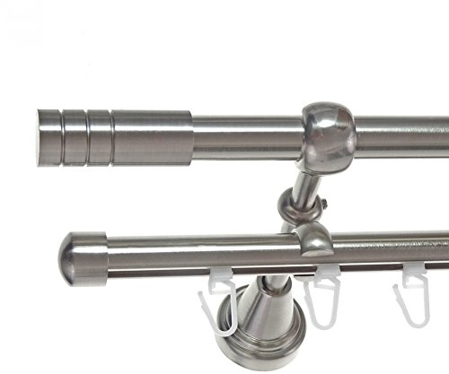 BASIT Rohr + Innenlauf Gardinenstange Wandmontage 2 läufig 160cm lang Edelstahl Look Metall Gardinenstange 2 läufig Wandbefestigung Ø16mm I H14+I