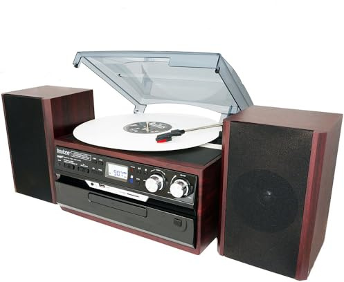 Boytone BT-24DJM Bluetooth Classic Style Record Player Turntable with AM/FM, CD/Cassette Player, Separate Stereo Speakers, Record from Vinyl, Radio, Cassette to USB with MP3 format, SD Slot, USB, AUX.