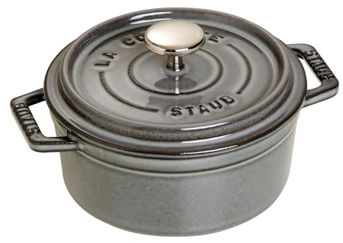 STAUB Gusseisen Bräter/Cocotte, Rund 12 cm, 0,25 L, Aromaregen Funktion für optimale Befeuchtung, Für alle Herdarten inkl. Induktion & Backofen, Graphitgrau