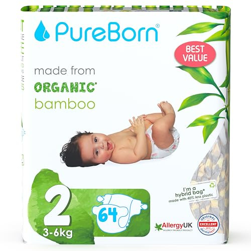 PureBorn Ekologiska Blöjor av Bambu, Storlek 2 (3-6 kg), 64 stycken, Allergivänliga, Ultramjuk, Våtindikator, Olika Tryck